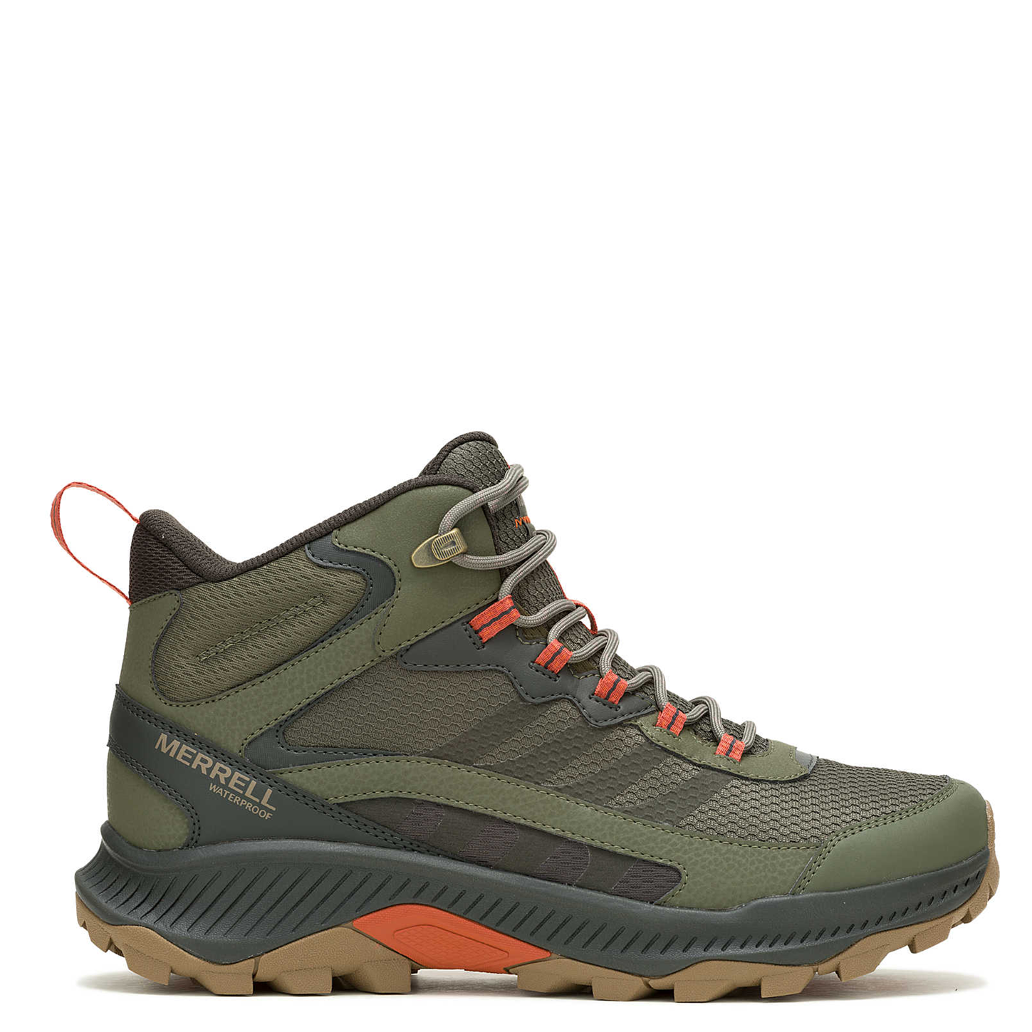 Green hiking boot with orange accents on a white background