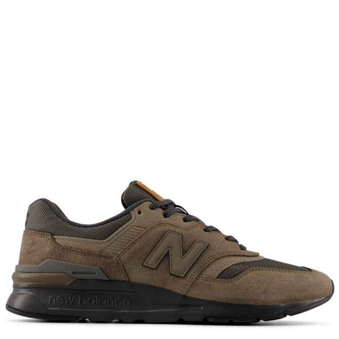 Brown sneaker with black accents on a white background