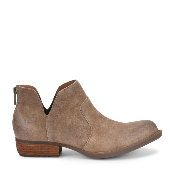 A brown women's low-heeled bootie with cutout details and a stacked inlaid leather heel.