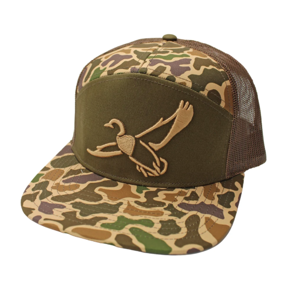 A trucker-style baseball cap featuring a green and brown camouflage pattern on the front panel and flat brim, with a solid olive green front panel and a tan duck logo embroidered on the center. The back is made of brown mesh.