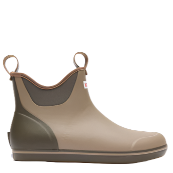 Brown rubber boot with a white background