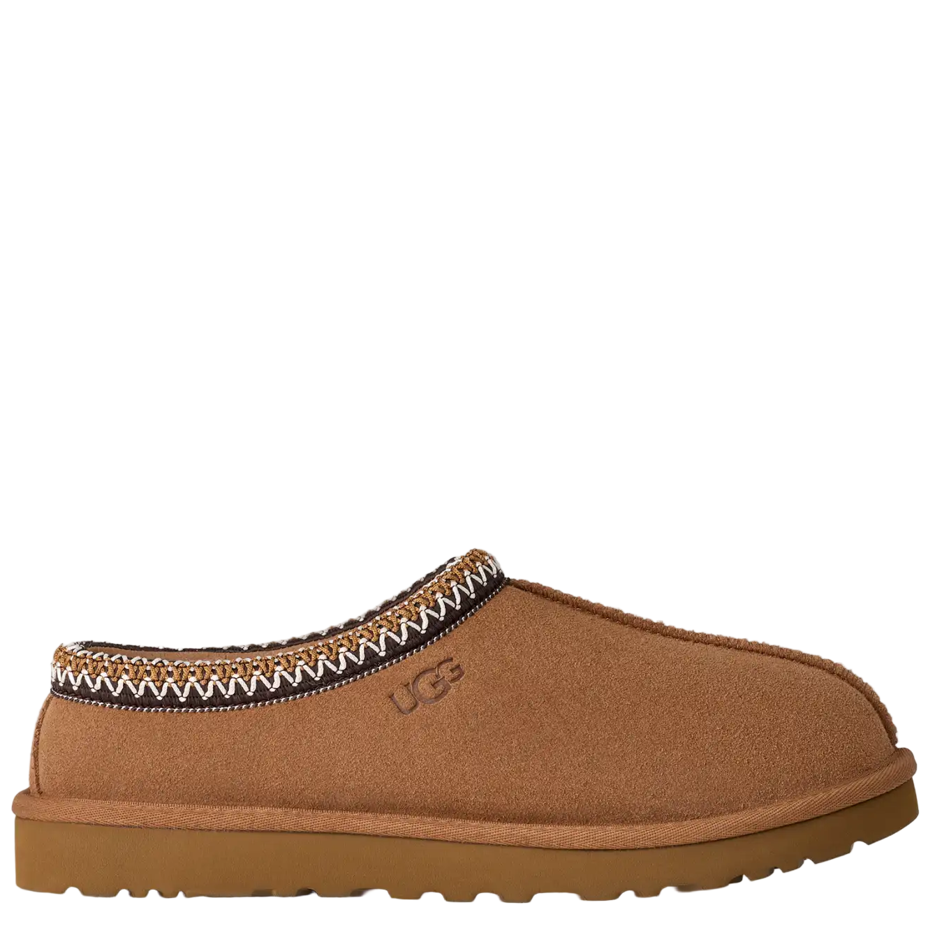 Brown UGG slipper with patterned trim on a white background