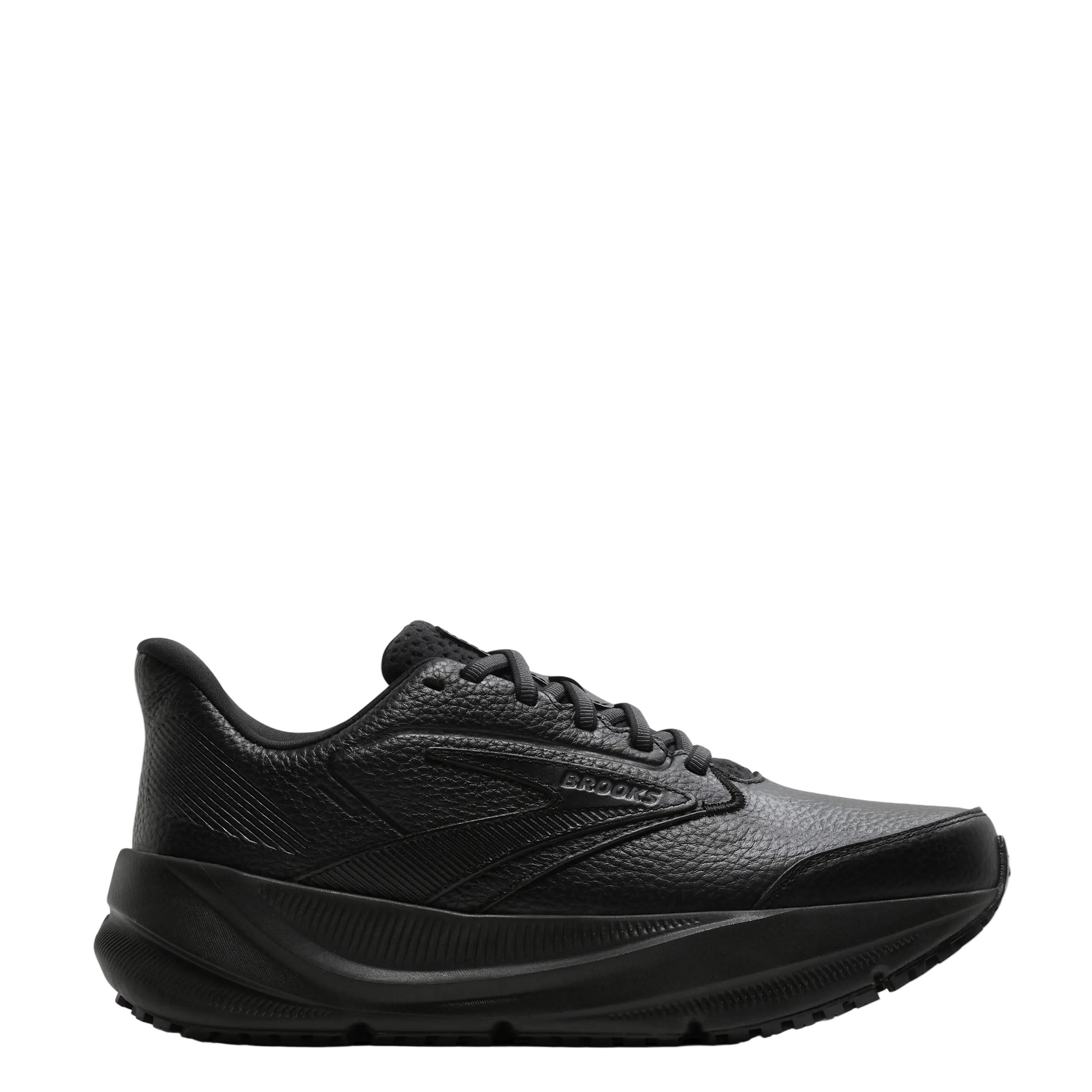 A black Brooks running shoe shown from the side profile against a clean white background.