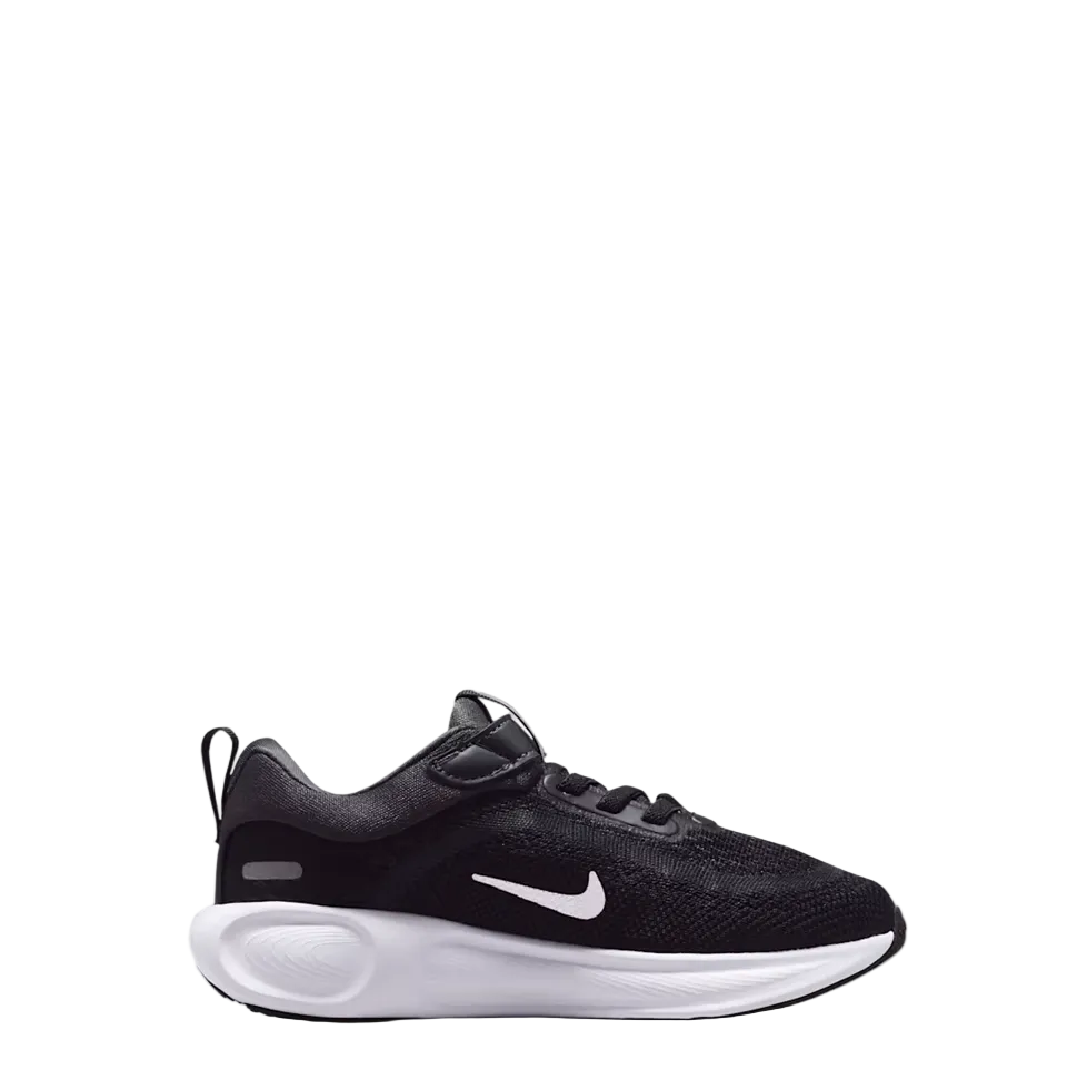 A black Nike running shoe with a white swoosh and white midsole, shown in a side profile against a light gray background.