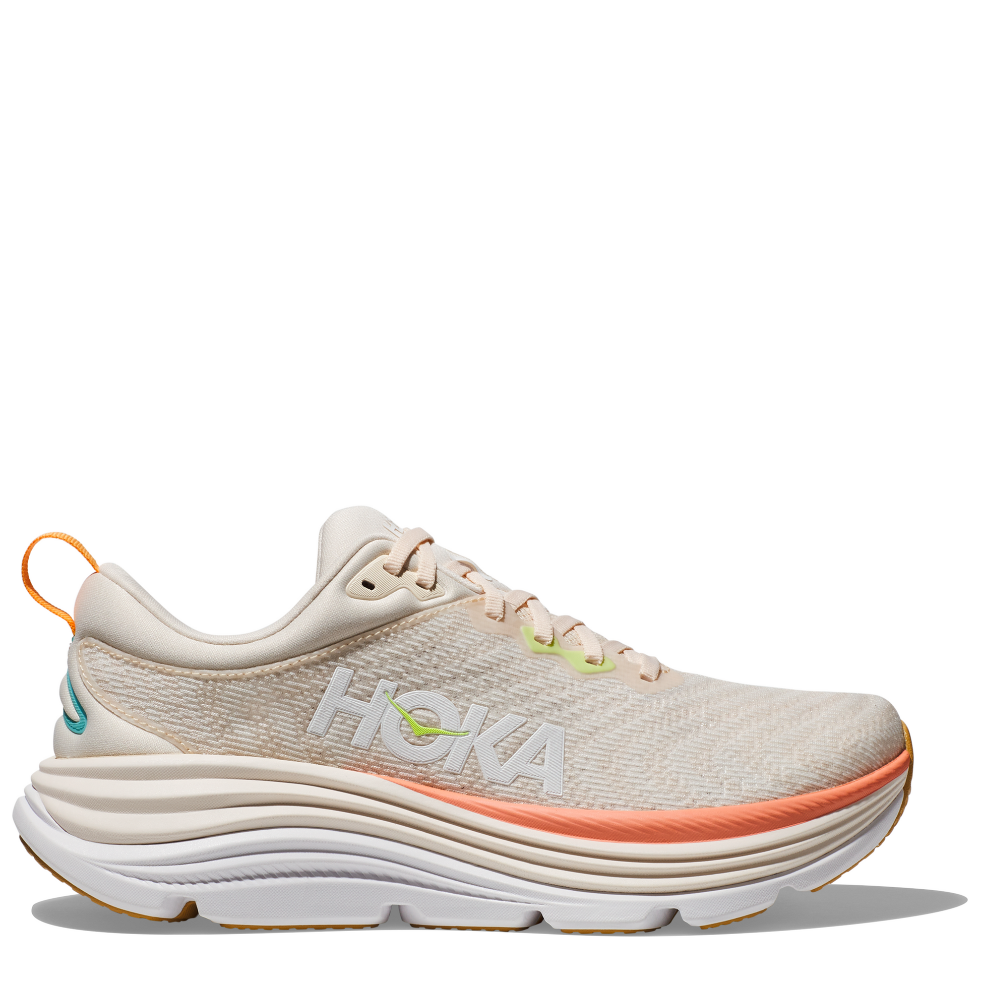 A pair of beige Hoka shoes with orange accents, featuring a stabilizing H-Frame and Bondi-level cushioning.