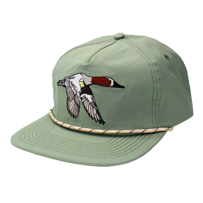 An olive green flat-brim cap featuring an embroidered duck in flight on the front panel and a braided beige rope detail around the base of the crown, shown against a plain white background.
