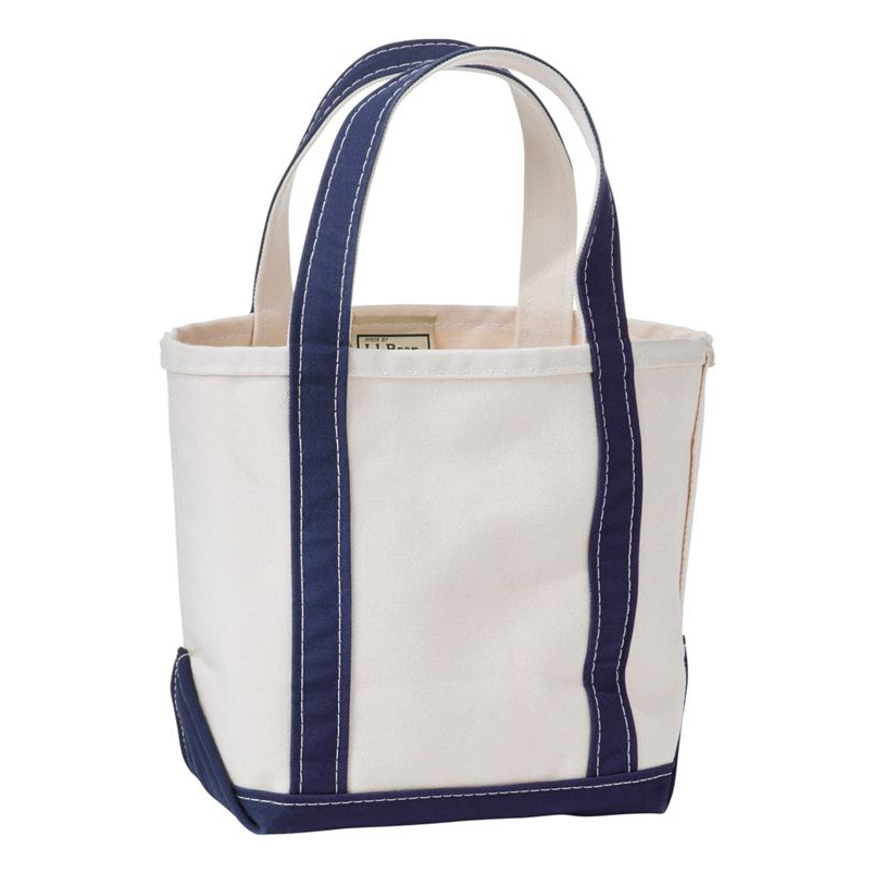 White tote bag with navy blue stripes on a white background