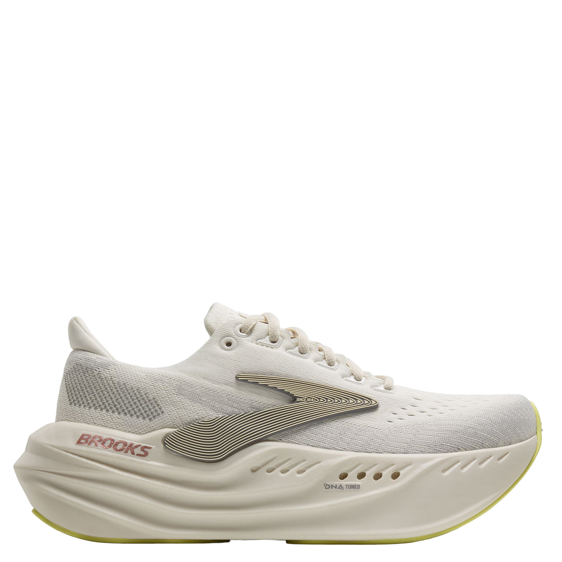 White running shoe with 'Brooks' branding on a white background