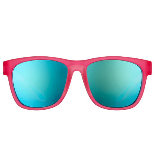 Pink sunglasses with blue-tinted lenses on a white background