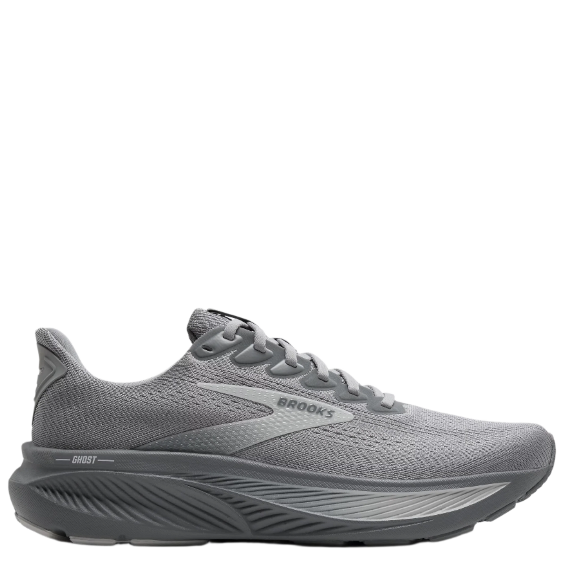 Gray running shoe with 'Brooks' branding on a white background