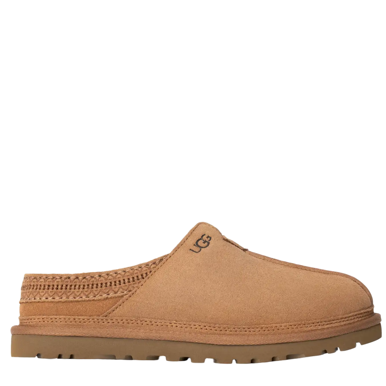 Tan UGG slipper on a white background