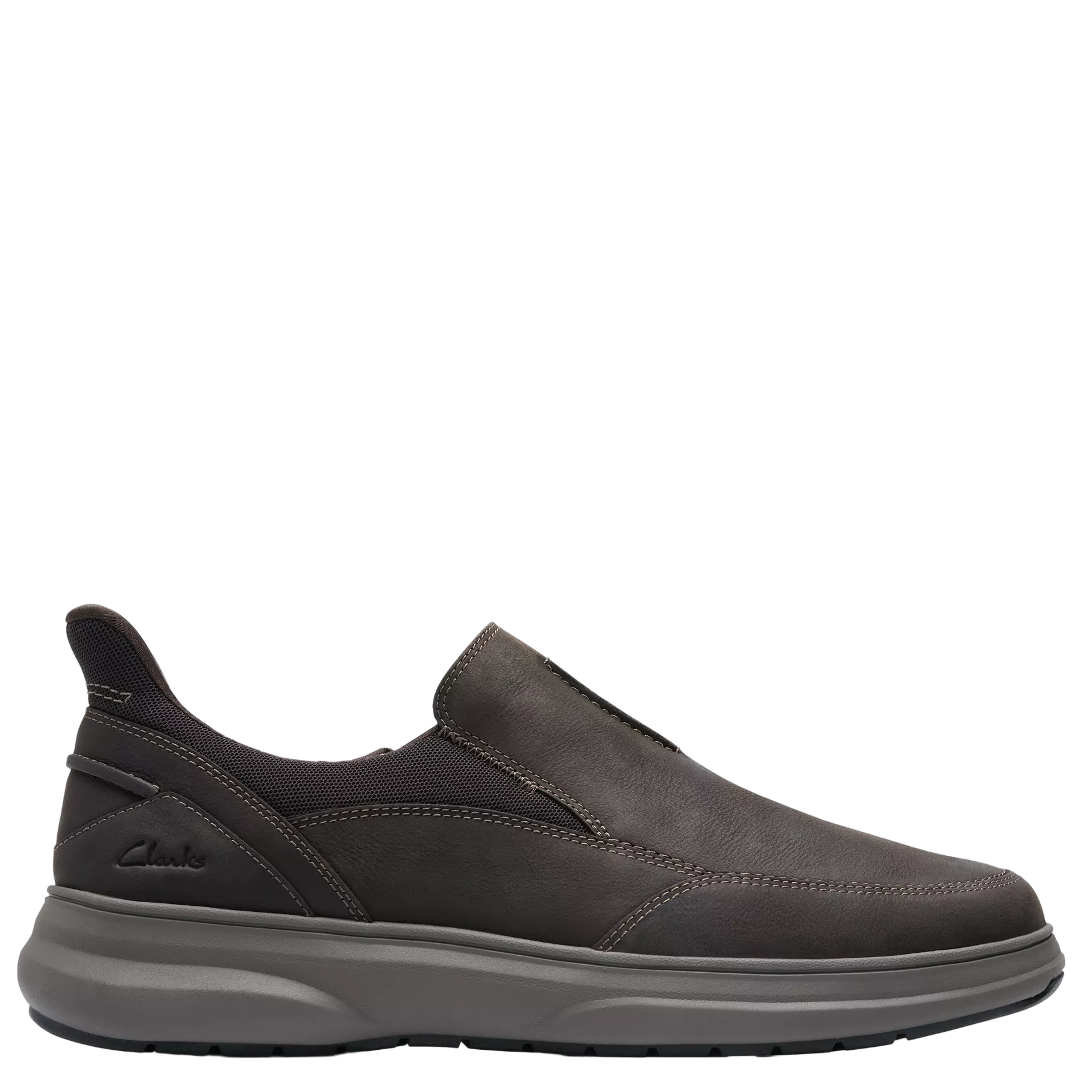 Black slip-on shoe on a white background
