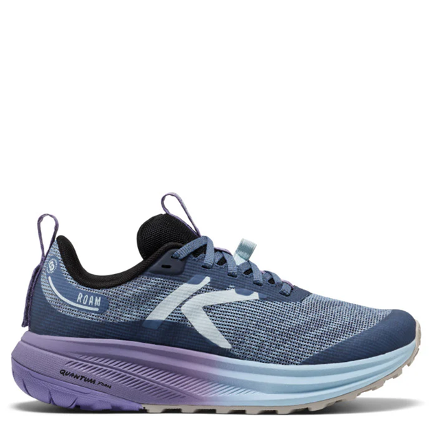 Blue running shoe with a gradient sole on a white background
