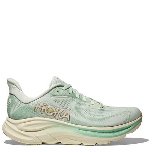 Light green running shoe with 'Hoka' branding on a white background