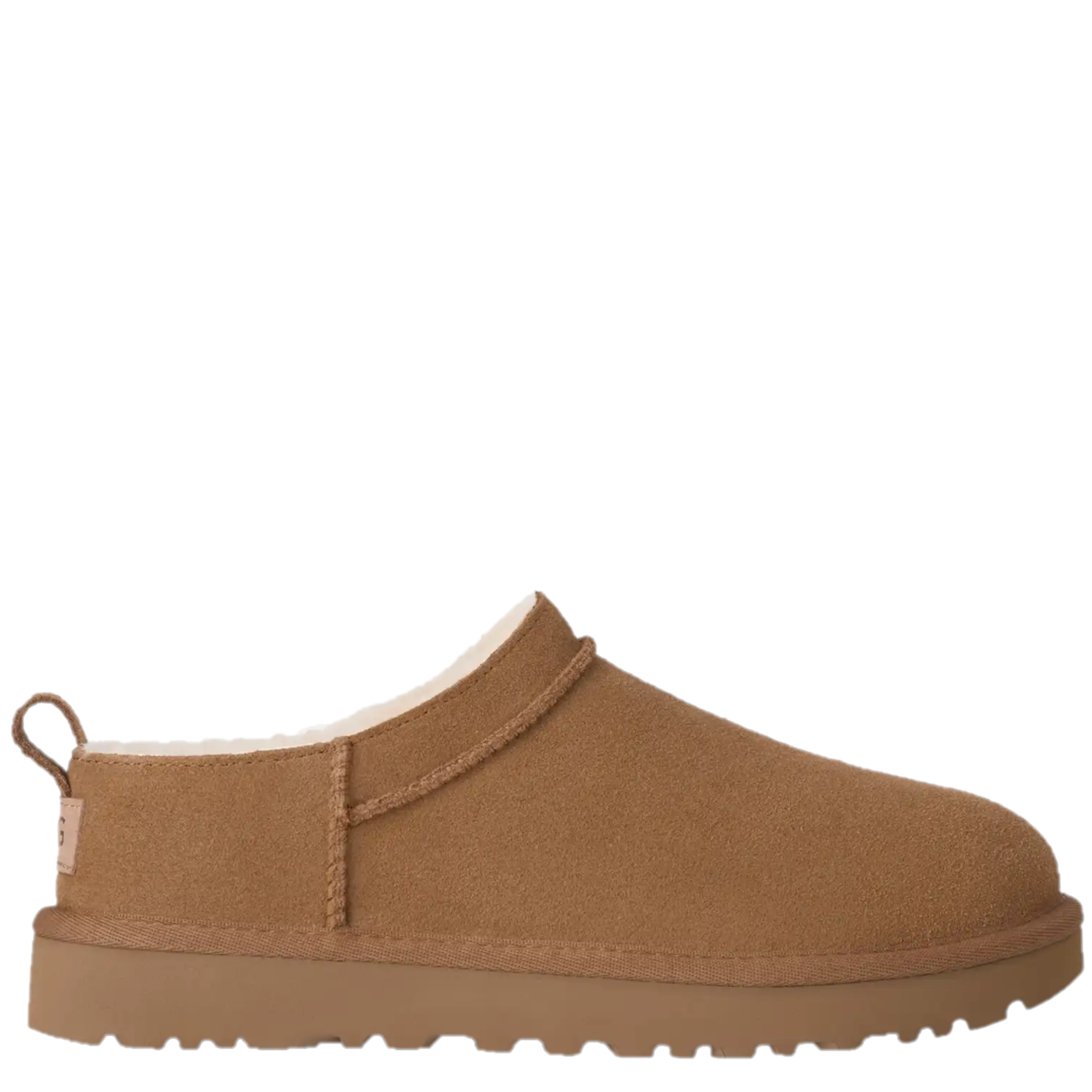 Brown slip-on shoe with white lining on a white background