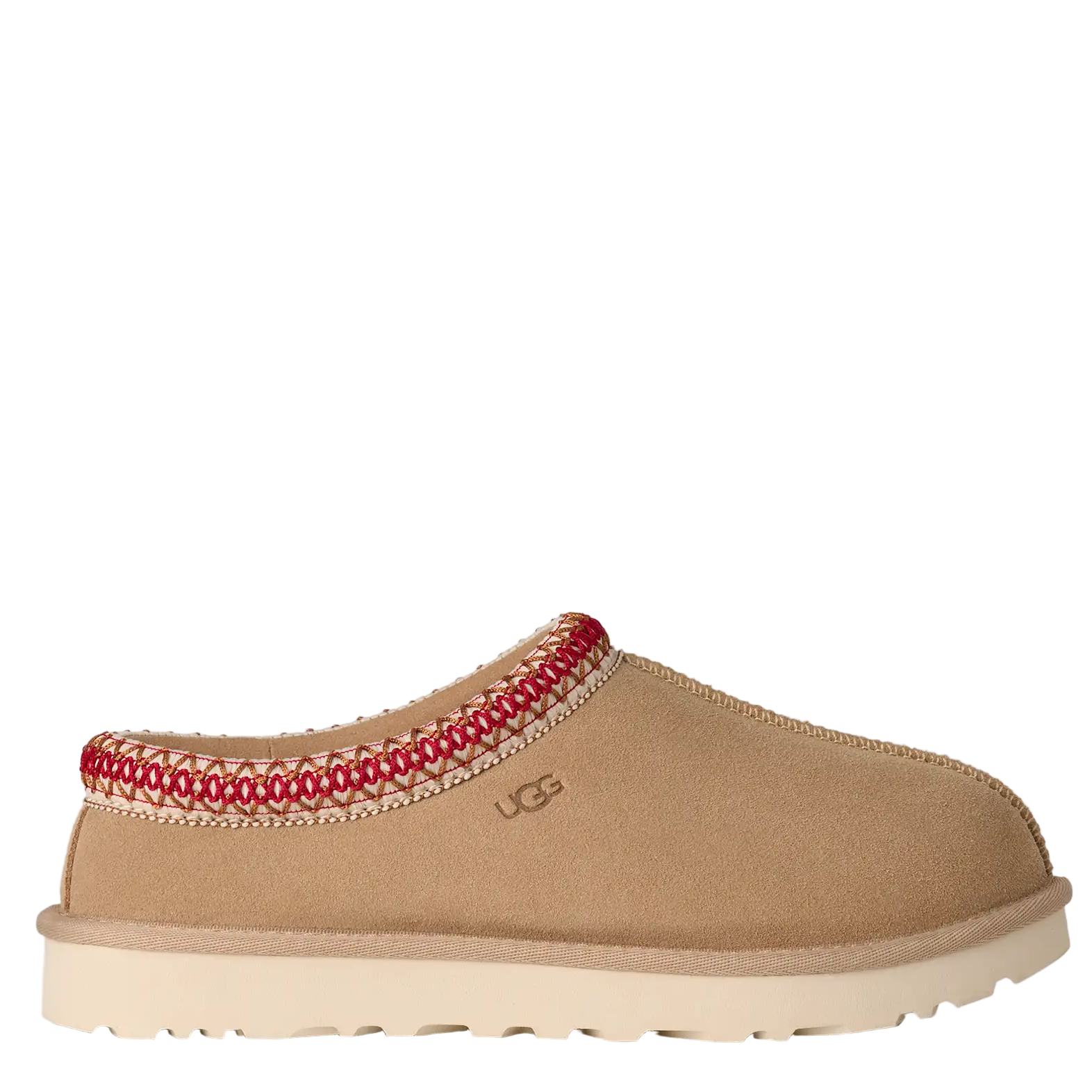 Tan UGG slipper with red and white pattern on a white background