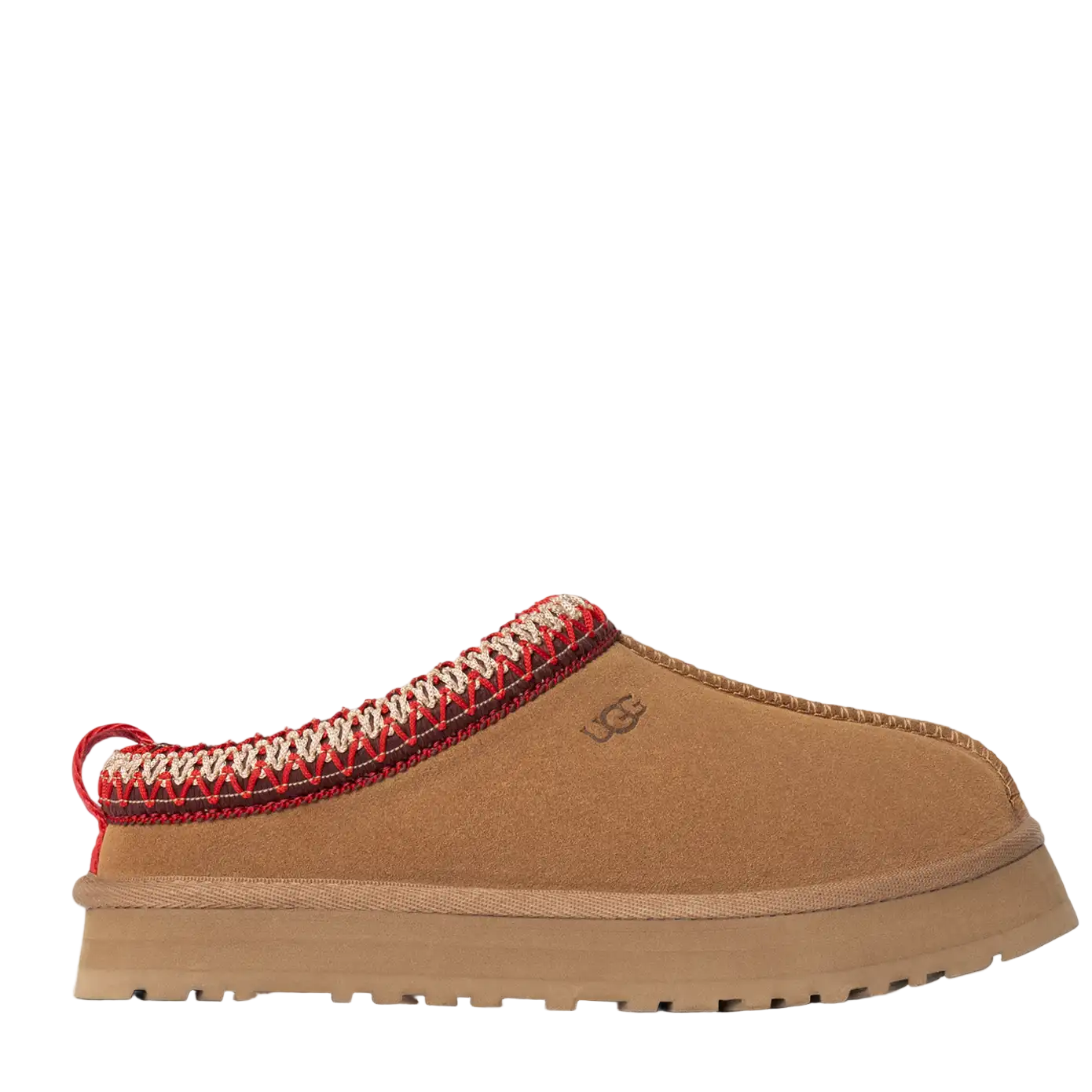 Tan slipper with red and white trim on a white background