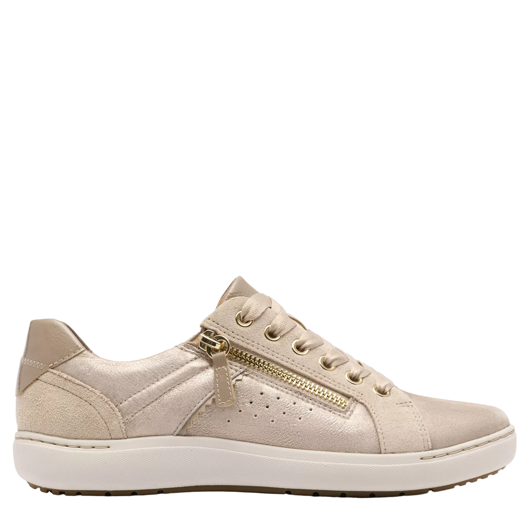 Beige sneaker with a gold zipper on a white background