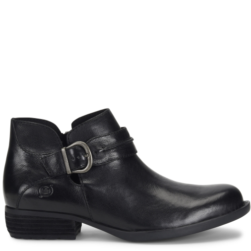 Black leather ankle boot with a buckle on a white background