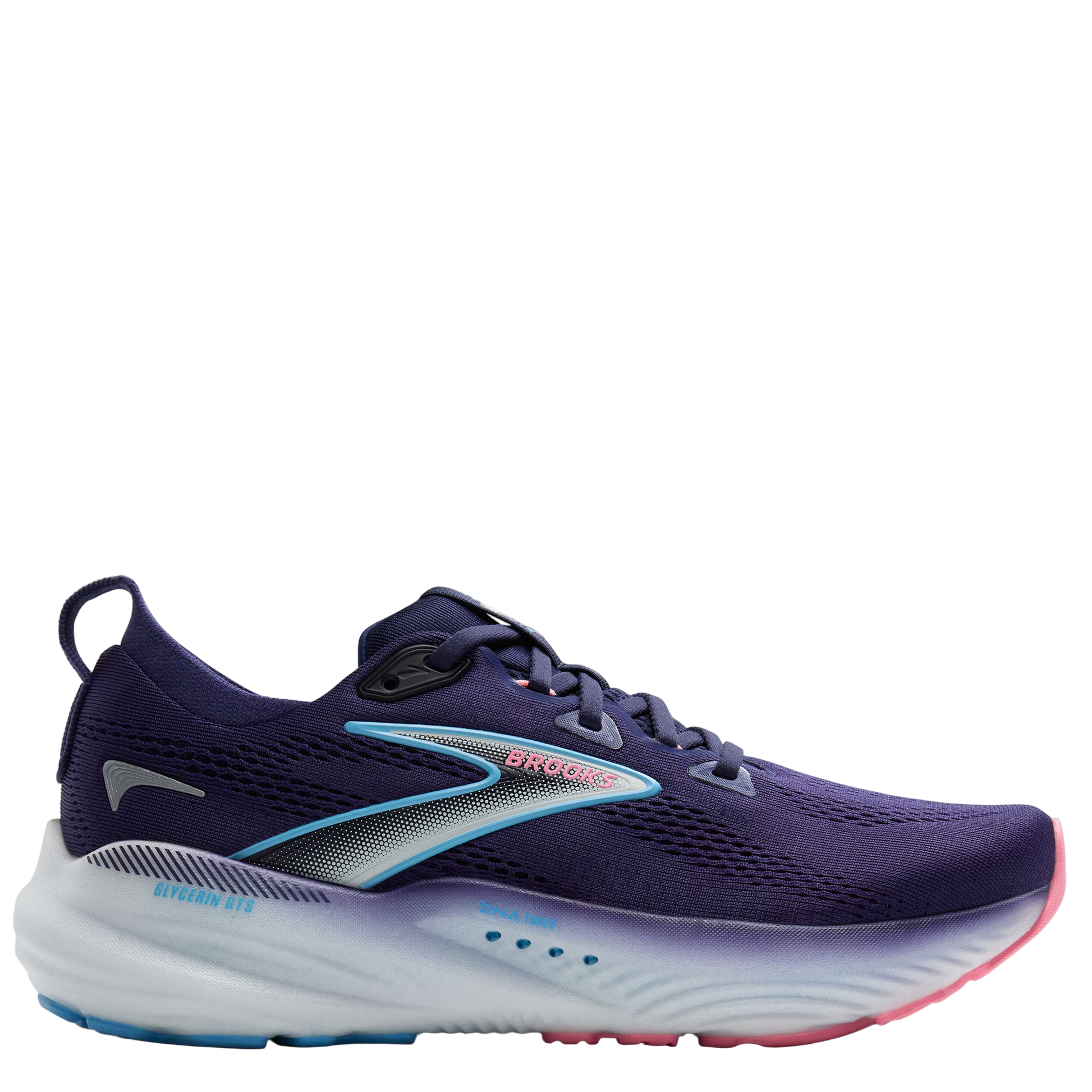 Navy running shoe with pink accents on a white background