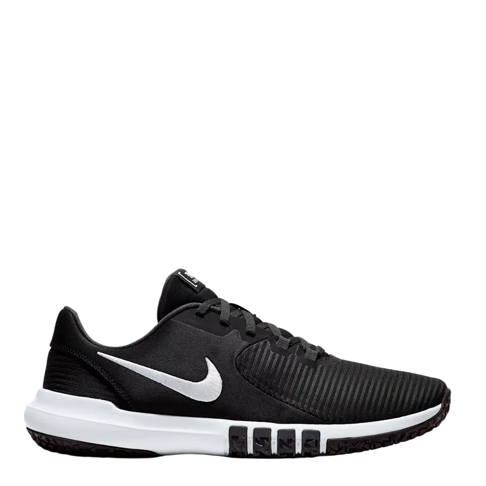A black Nike athletic shoe with a white Swoosh logo, black laces, and a white midsole, shown in a side profile against a light gray background.