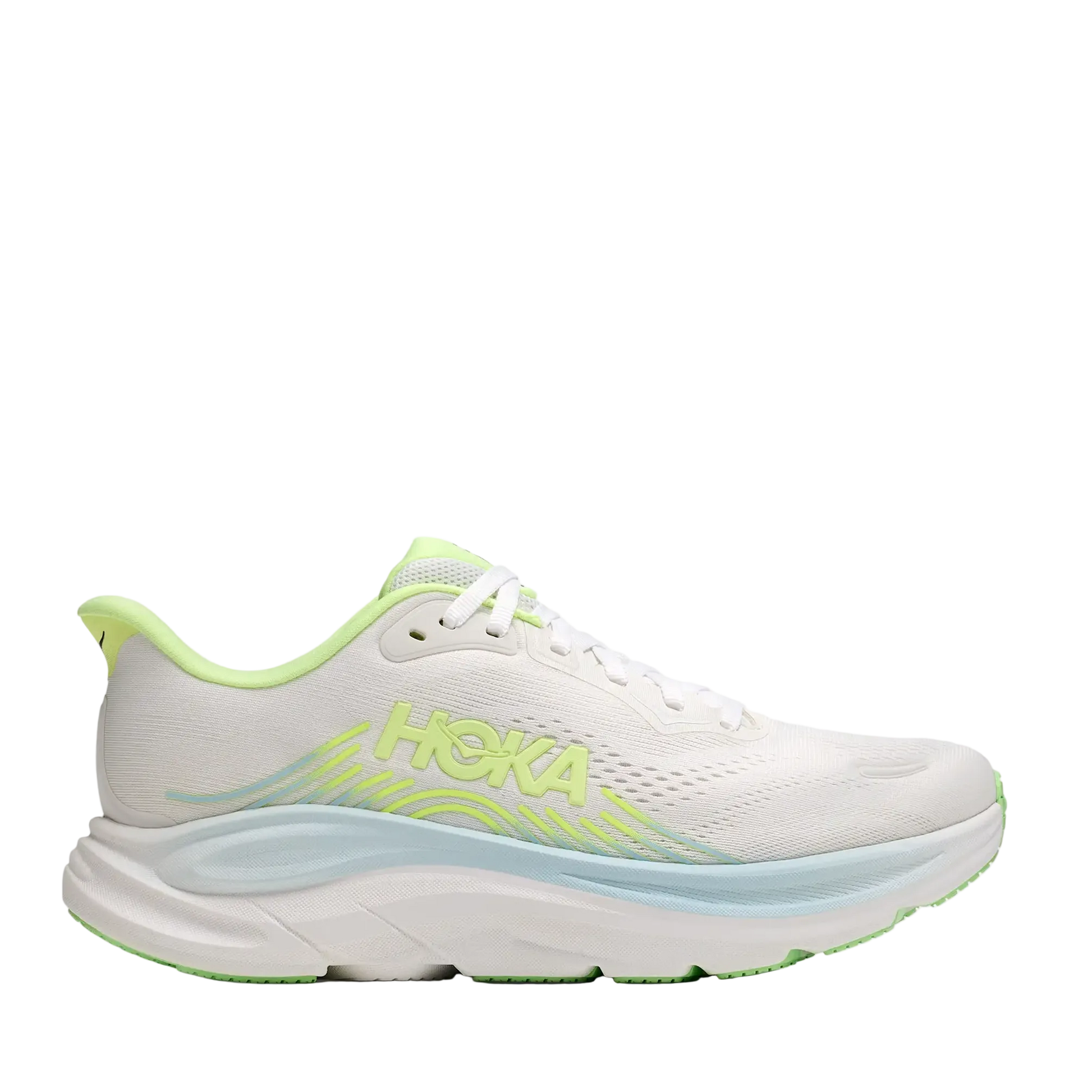 A white Hoka running shoe with neon green accents and a light blue midsole, shown in a side profile on a light gray background.
