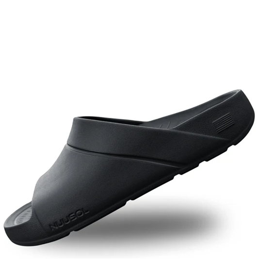 Black sandal with 'Nusco' branding on a white background