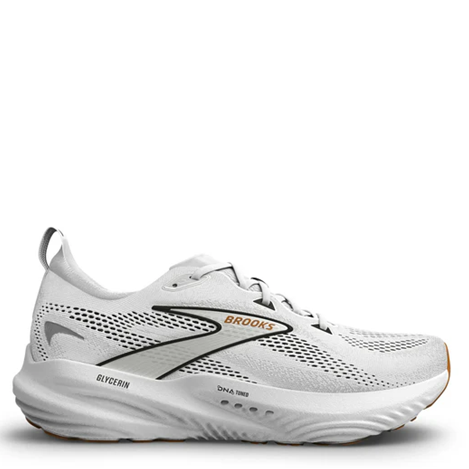White running shoe with 'Brooks' branding on a white background