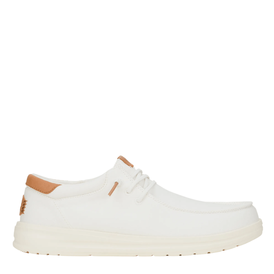 White sneaker with brown accents on a white background