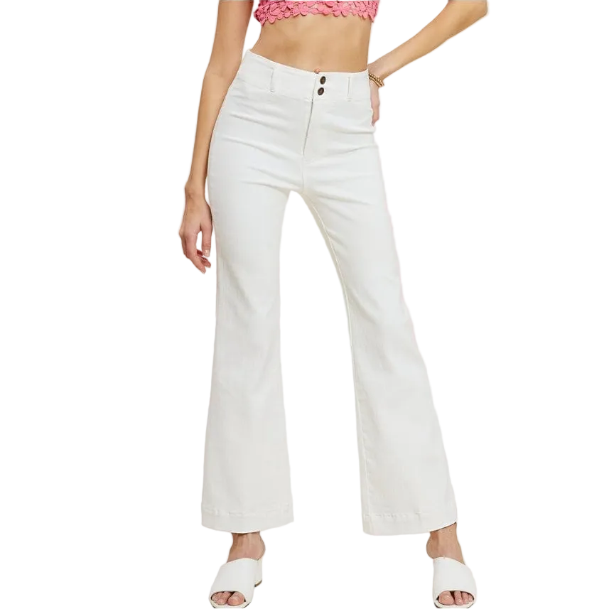 White wide-leg pants worn by a person on a white background