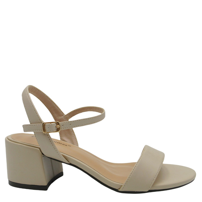 Beige sandal with a block heel on a white background