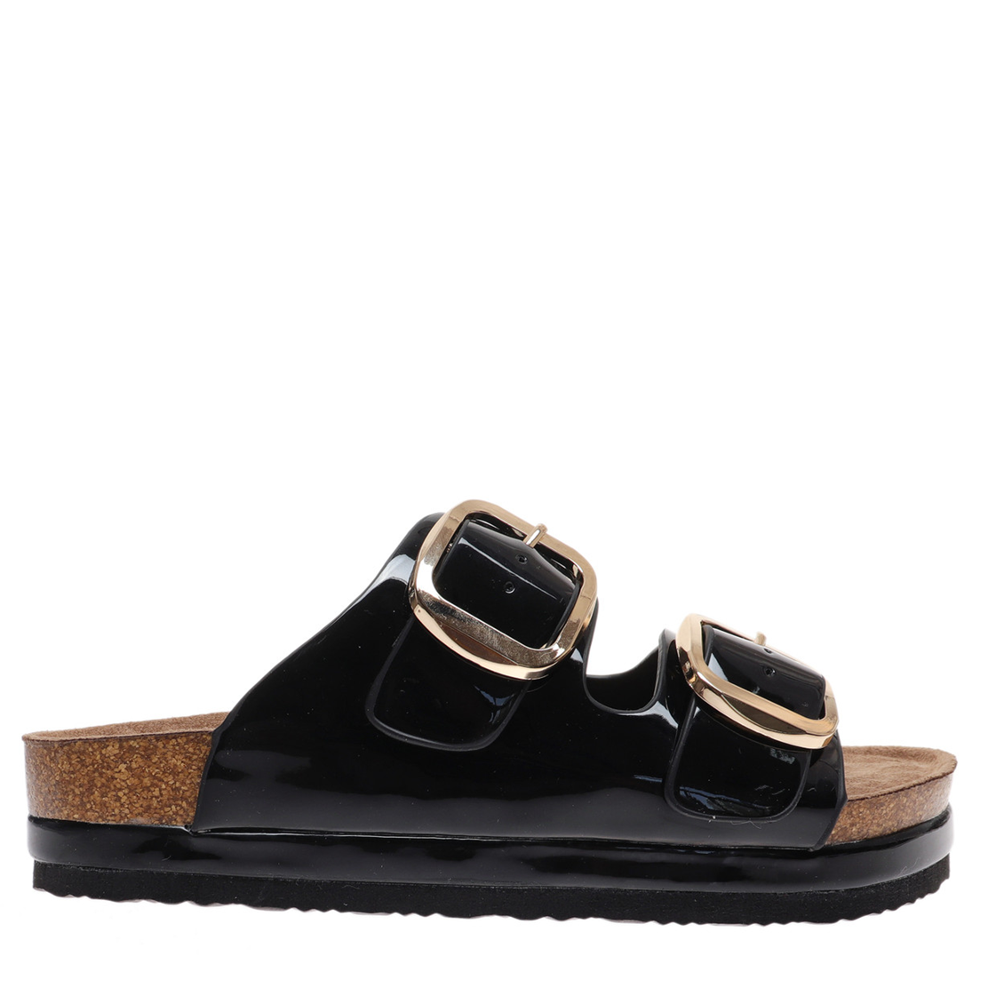 Black sandal with gold buckles on a white background