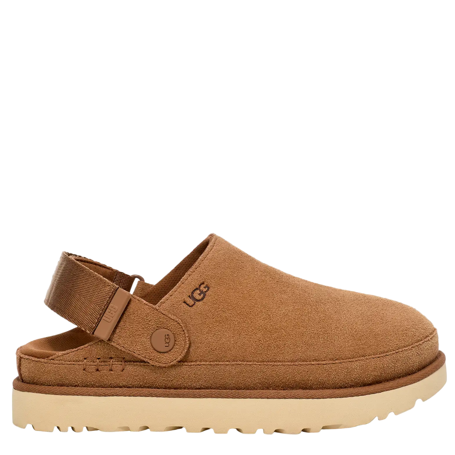 Brown UGG slip-on shoe with beige sole on a white background