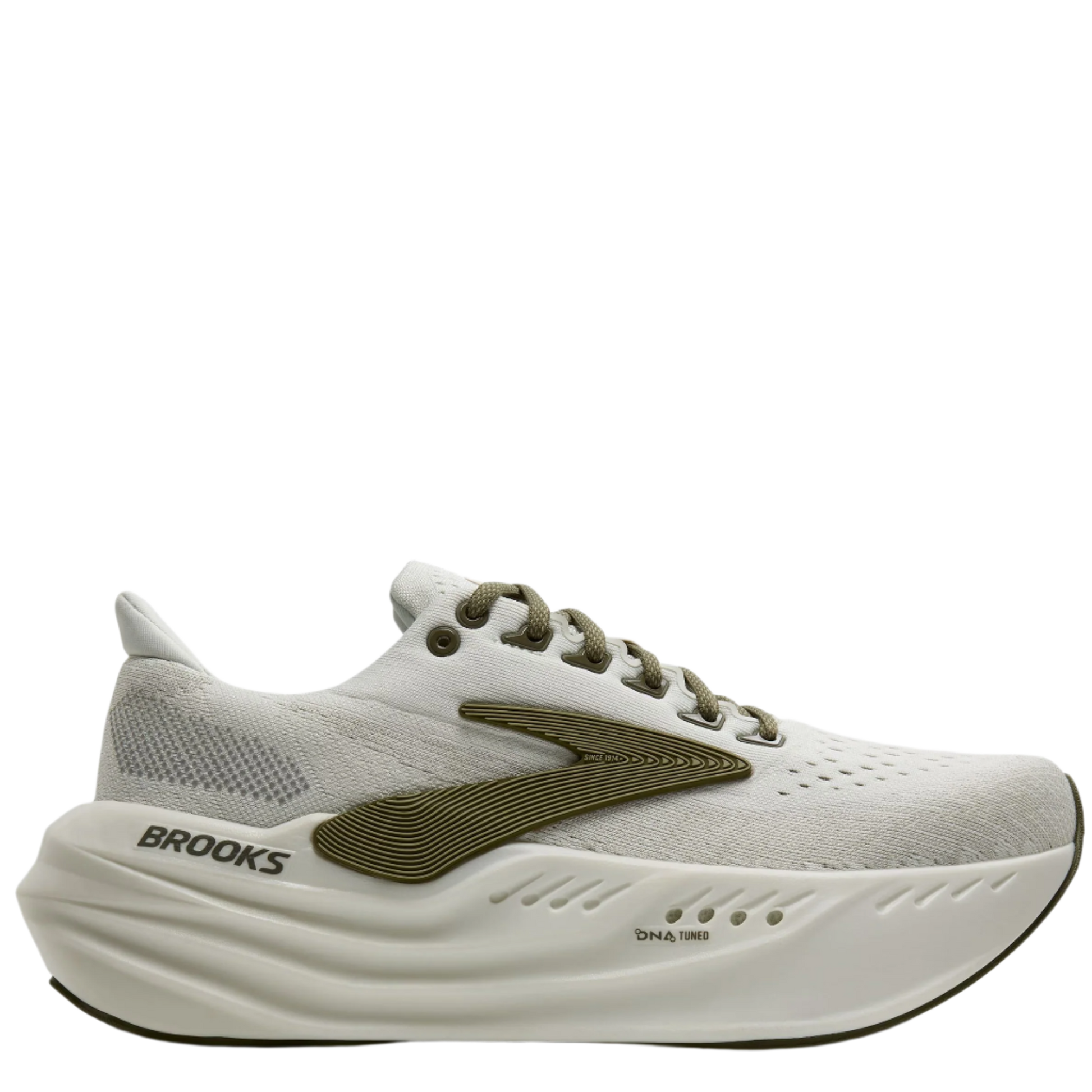 White running shoe with green accents on a white background