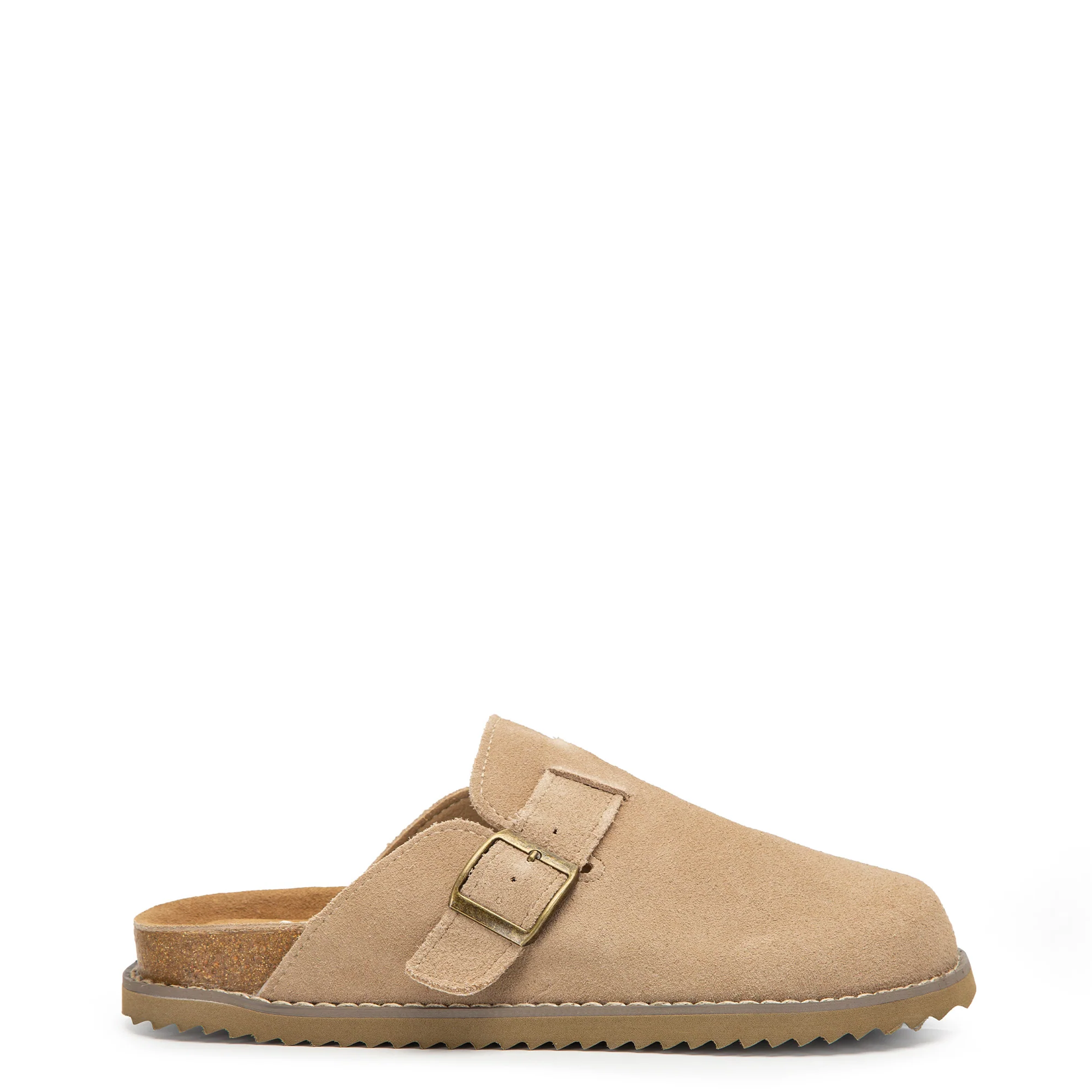 Beige slipper with a buckle on a white background