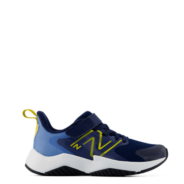 A New Balance sneaker in navy blue, light blue, and white with bright yellow accents, shown from a side profile on a white background.