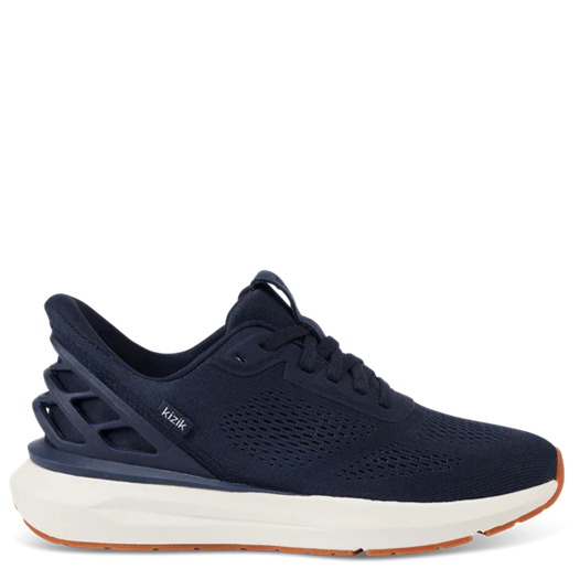Navy running shoe with white sole on a white background