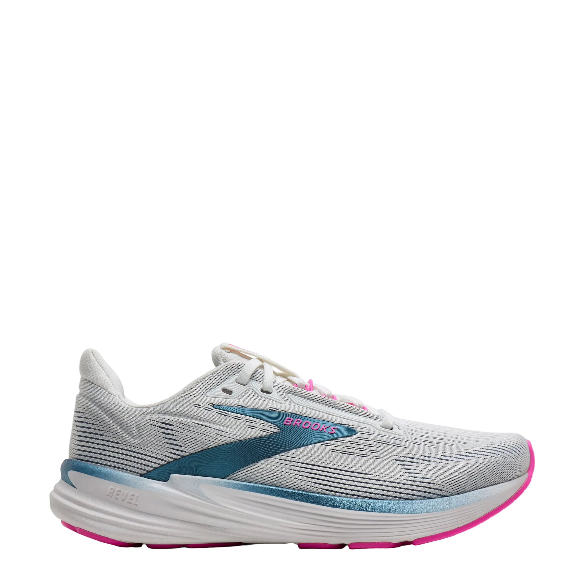 Gray running shoe with pink sole on a white background