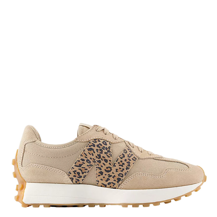 Beige sneaker with leopard print accents on a white background