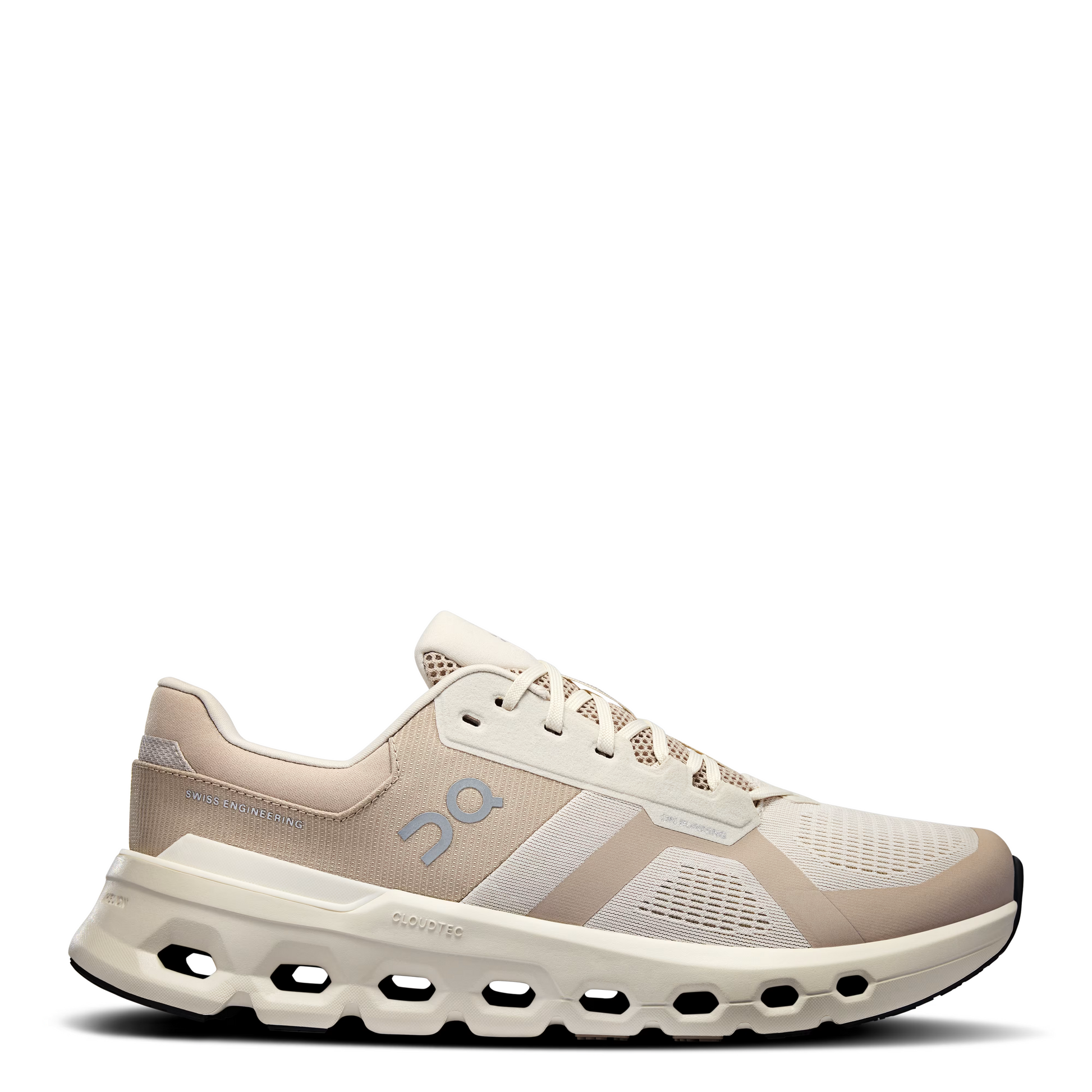 Beige running shoe with a white sole on a white background