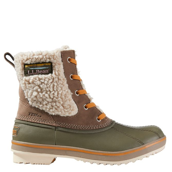 Brown and beige winter boot with L.L.Bean logo on a white background
