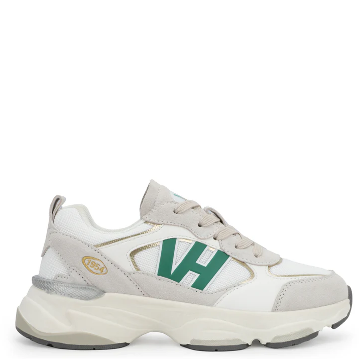 A pair of women's sneakers with white, beige, green, and brown color scheme, featuring a chunky sole and casual design.