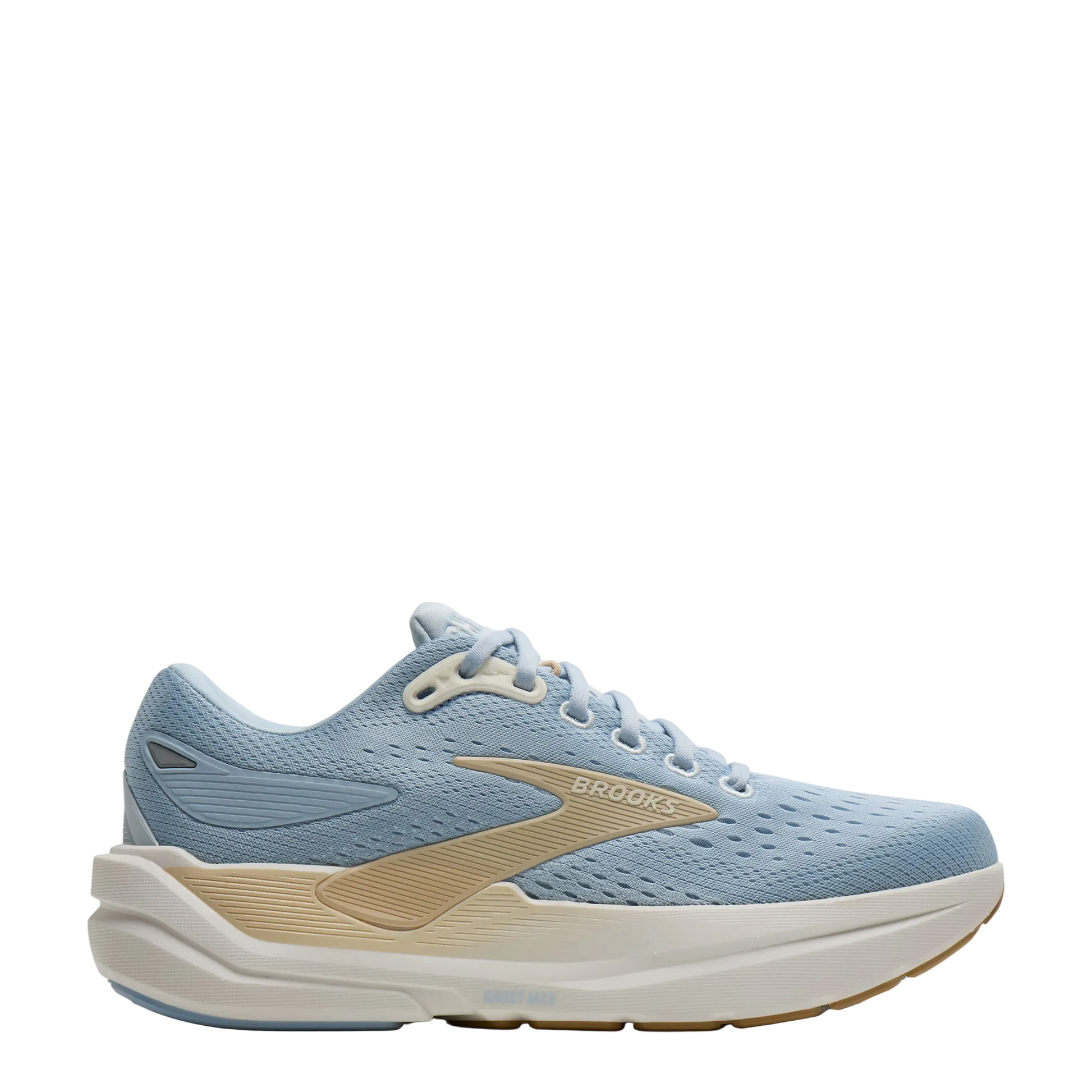 Blue running shoe with beige accents on a white background