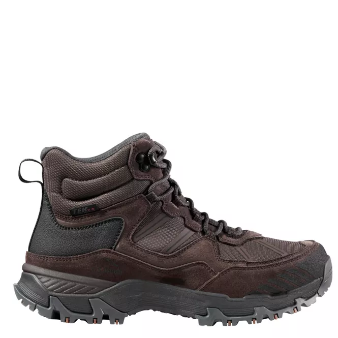 A dark brown and black mid-cut hiking boot shown in a side profile view against a plain white background.