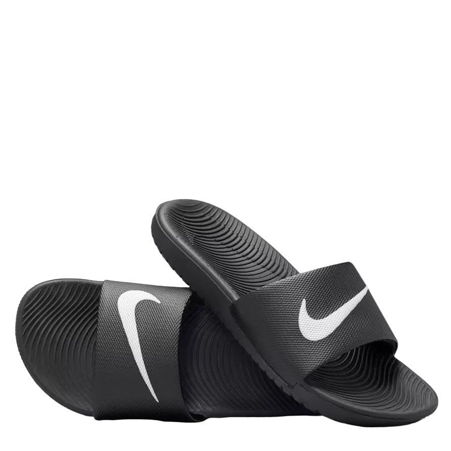 A pair of Nike slide sandals in black with a white Swoosh logo on the straps, displayed against a clean white background.