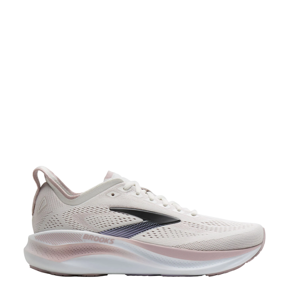A Brooks running shoe in white and light pink, featuring a dark navy logo stripe on the side, shown against a plain white background.