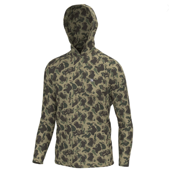 A long-sleeve hooded performance top with an all-over camouflage pattern in olive green, tan, and dark brown, shown on a plain white background.