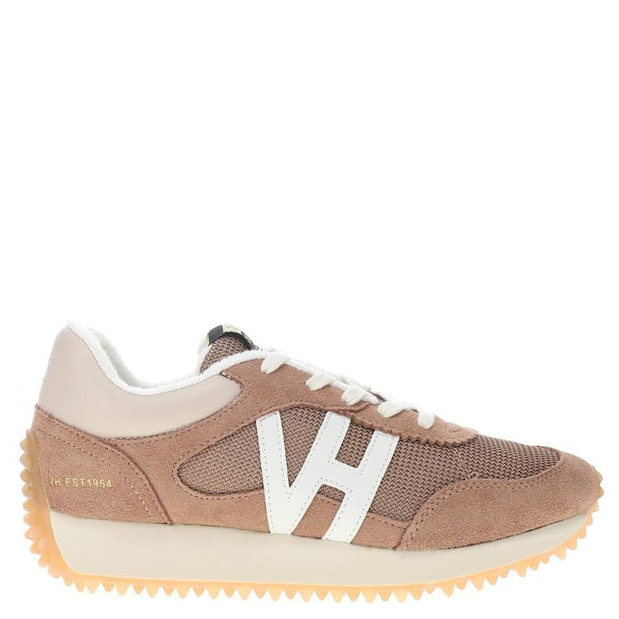 Women's low-top sneakers with a star accent and suede details, primarily in a brown color, with a white lace-up closure and a beige sole.