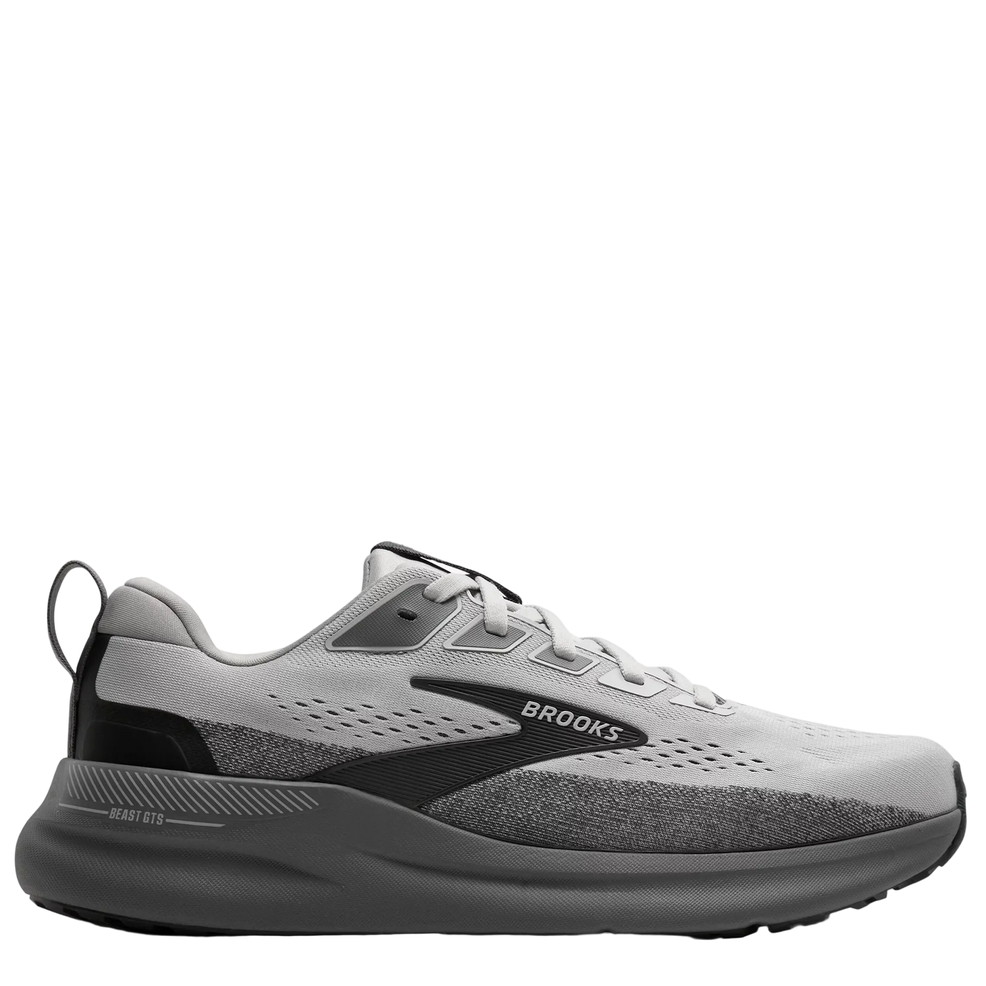 Gray running shoe with black accents on a white background