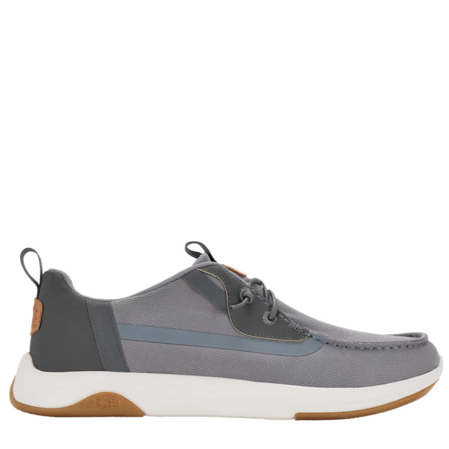 Gray casual shoe with white sole on a white background